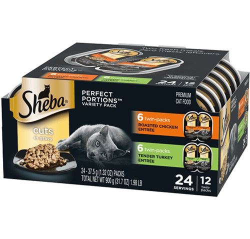 Sheba Perfect Portions Cuts in Gravy Wet Cat Food Variety Pack (Roasted Chicken, Tender Turkey) 2ea/2.6 oz, 12pk (2 pack)