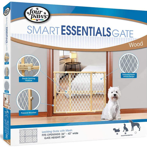 Four Paws Locking Wood Gate with Mesh 1ea/26-42 in W X 24 in H