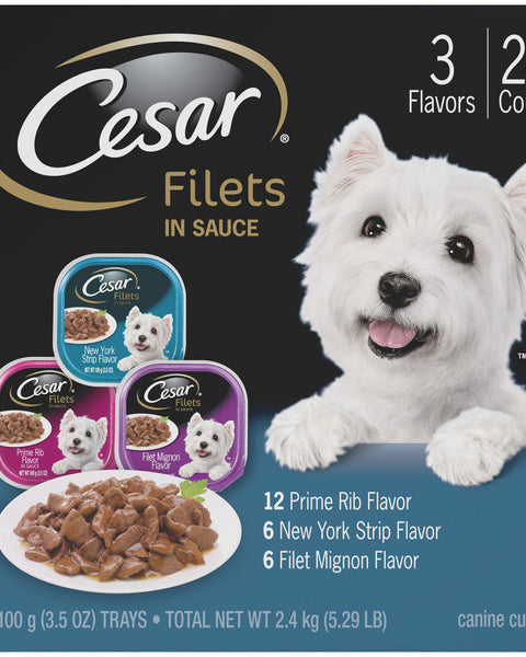 Cesar Filets in Gravy Adult Wet Dog Food Variety Pack (Prime Rib, Filet Mignon, New York Strip) 3.5oz. (Case of 24)