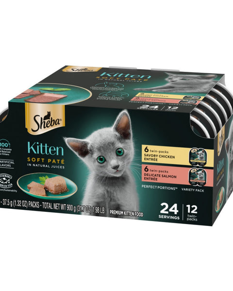 Sheba Perfect Portions Soft Pate Wet Kitten Food Variety Pack (Chicken, Salmon), 2ea/2.65oz.