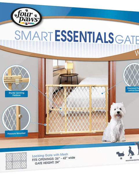 Four Paws Locking Wood Gate with Mesh 1ea/26-42 in W X 24 in H