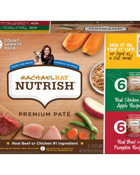 Rachael Ray NUTRISH Premium Pate Canned Dog Food Variety Pack (Chicken & Apple, Beef & Pumpkin) 13oz. (Case of 12)