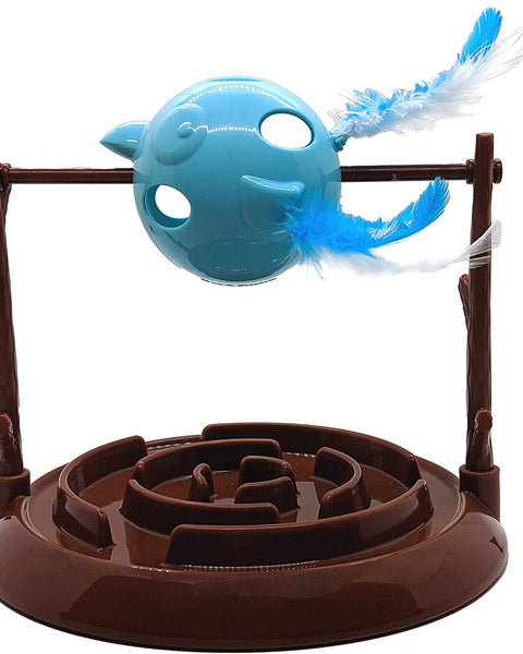 Doc and Phoebe Twirly Bird Cat Treat Dispenser Brown-Blue 5.25in