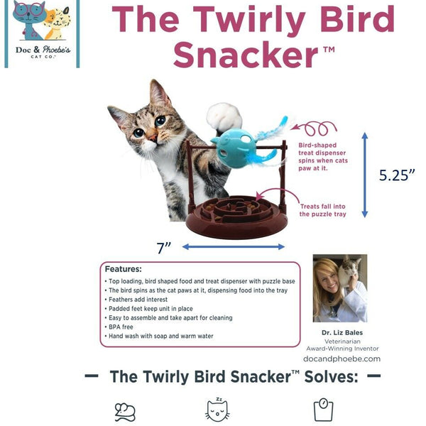 Doc and Phoebe Twirly Bird Cat Treat Dispenser Brown-Blue 5.25in