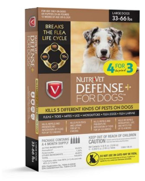 Nutri-Vet Defense+ Flea & Tick for Dog 1ea/LG, 33-66 lb, 4 pk