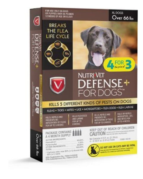 Nutri-Vet Defense+ Flea & Tick for Dog 1ea/XL, 66+Lb, 4 pk