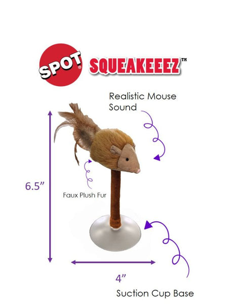 Spot Squeakeeez Mouse On Suction Cup Cat Toy Tan-Brown 7in